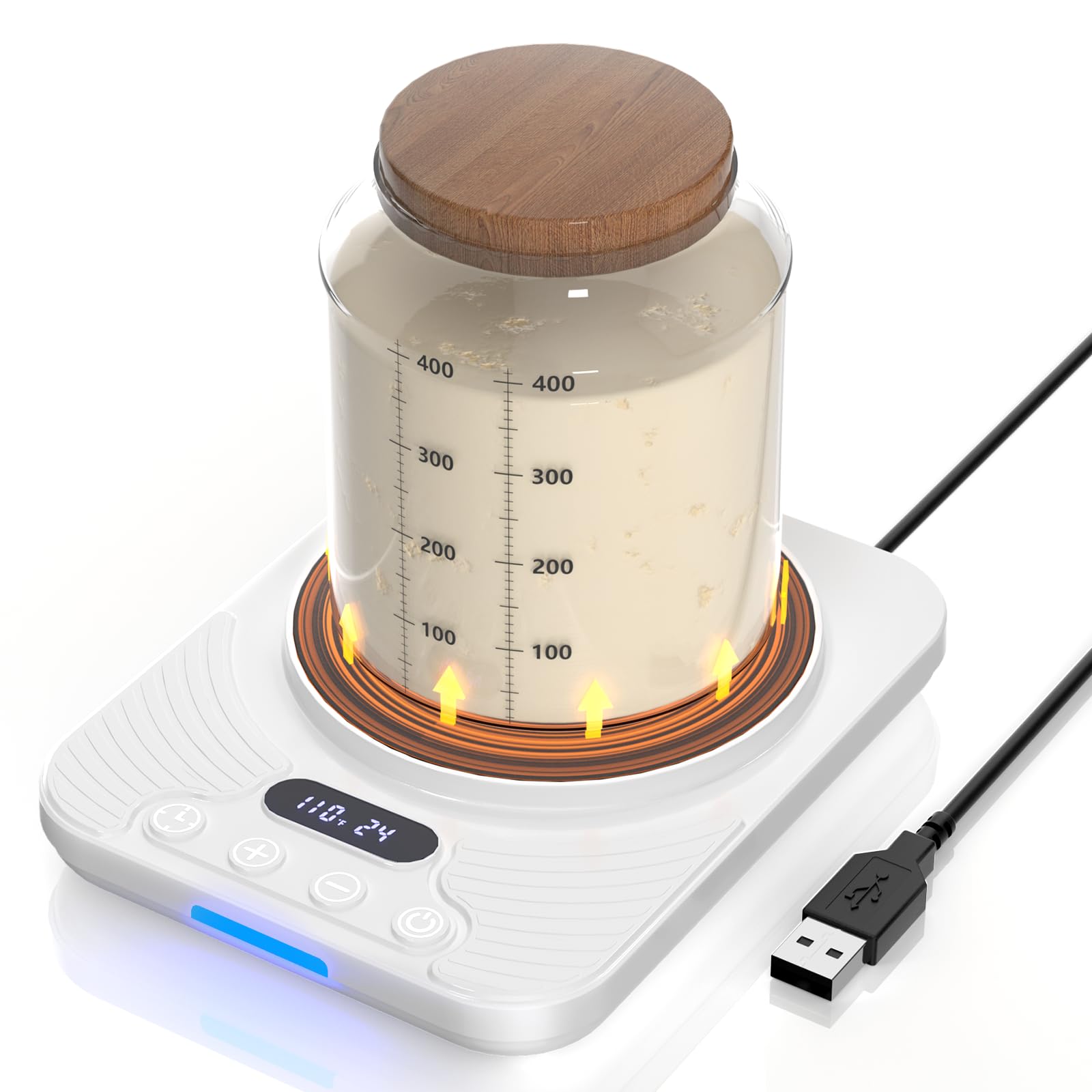 Sauerteigstarterwärmer, Präzise 1°C Einstellbar (21–43 °C), Wärmematte mit 24-Stunden-Timer & Speicherfunktion, Weiß