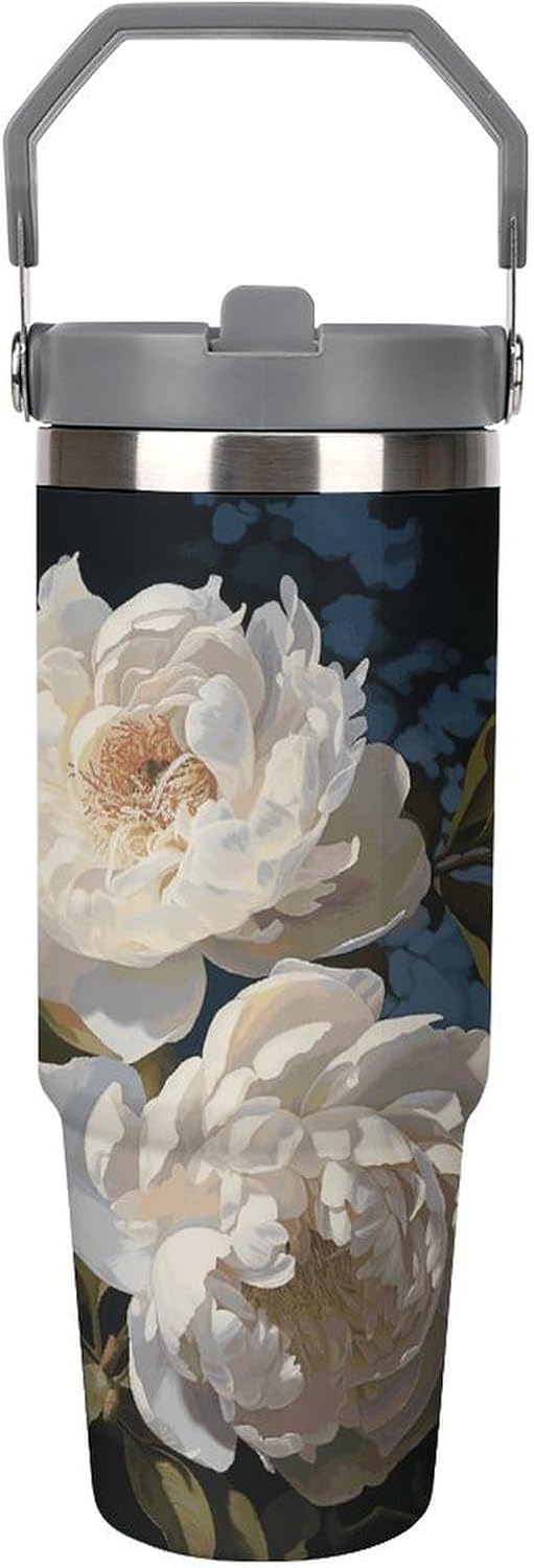 White Peony Water Bottle 30 Oz Fits Car Cup Holder,Insulated Coffee Mug Large Capacity Car Cups,Stainless Steel Double Wall Sport Bottle for Travel Sports Gym