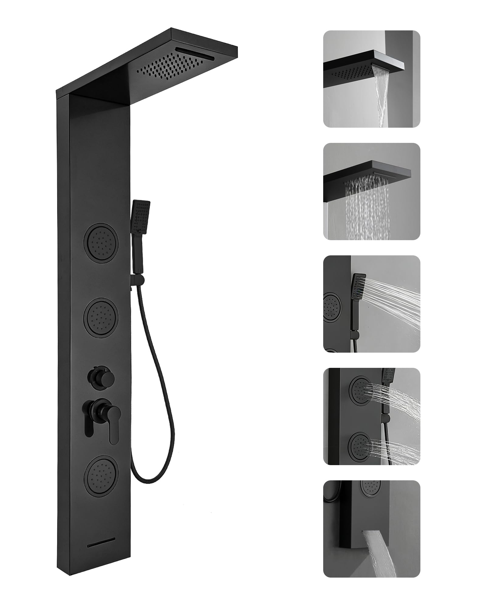 Sxithgkdw Black Shower Panel Tower System Rainfall Waterfall Shower Head 3 Massage Body Jets Handheld Shower Head And Tub Spout Wall Mounted Multi-Function Bathroom Shower Panel Matte By