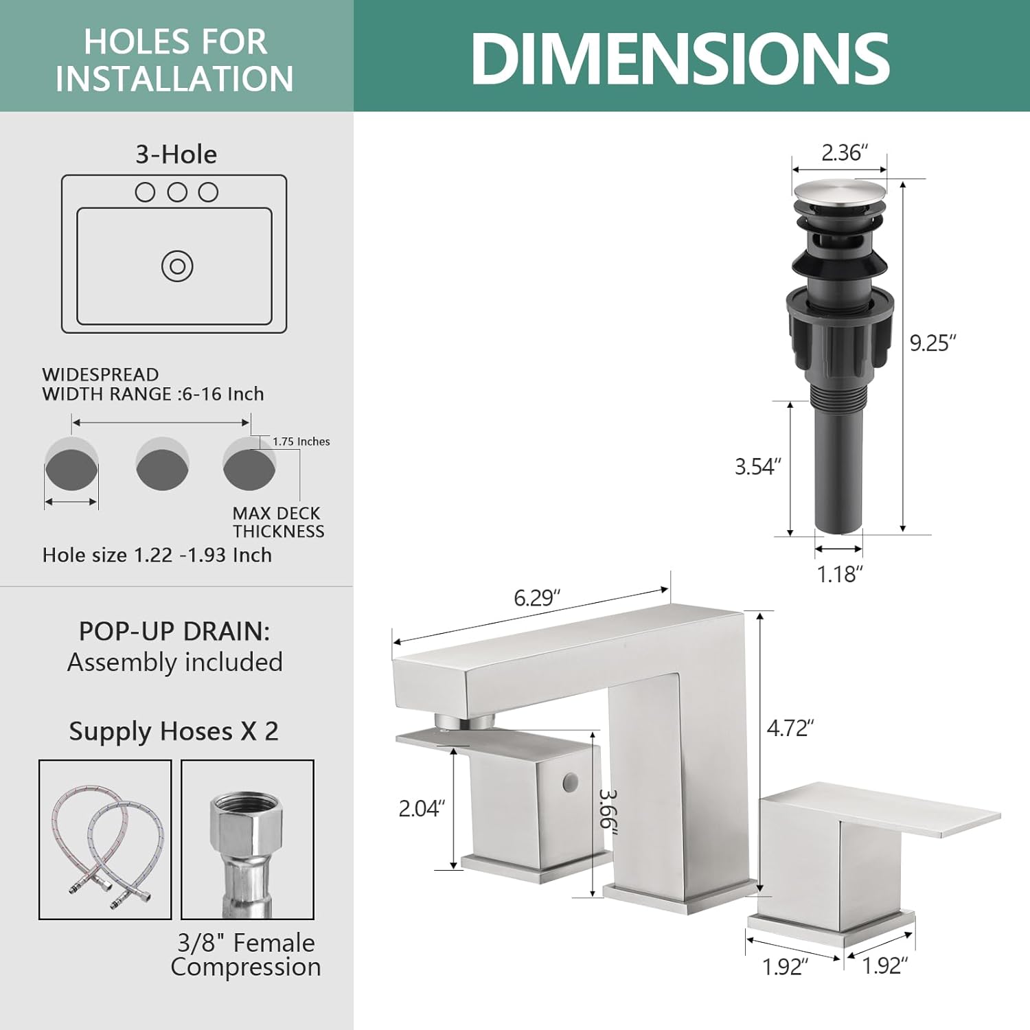 Bathroom Faucet 3 Hole, 8 Inch Widespread Bathroom Sink Faucets, 2 Handle Bathroom Faucets for Sink, Modern Rv Lavatory Vanity Faucet with Pop Up Drain and Supply Hoses, Brushed Nickel