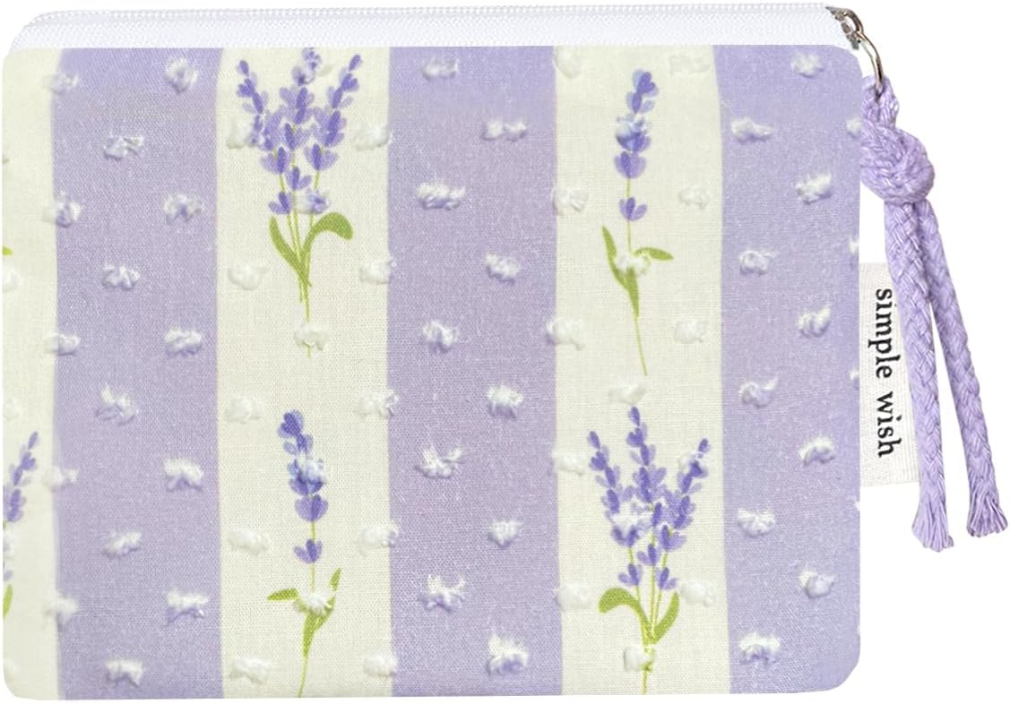 Cotton Floral Small Organizer Bag Coin Pouch with Cute Prints Zipper for Women Girls (LAVENDER)