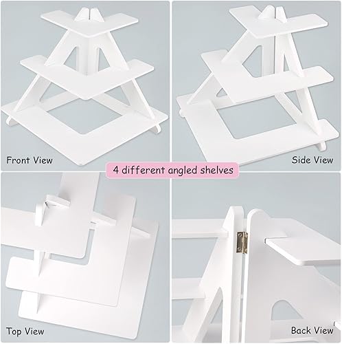 Miniatura 7 de Soporte para 24 cupcakes – Soporte rústico para cupcakes de 3 niveles plegable de madera – Soporte blanco para cupcakes – Torre de cupcakes