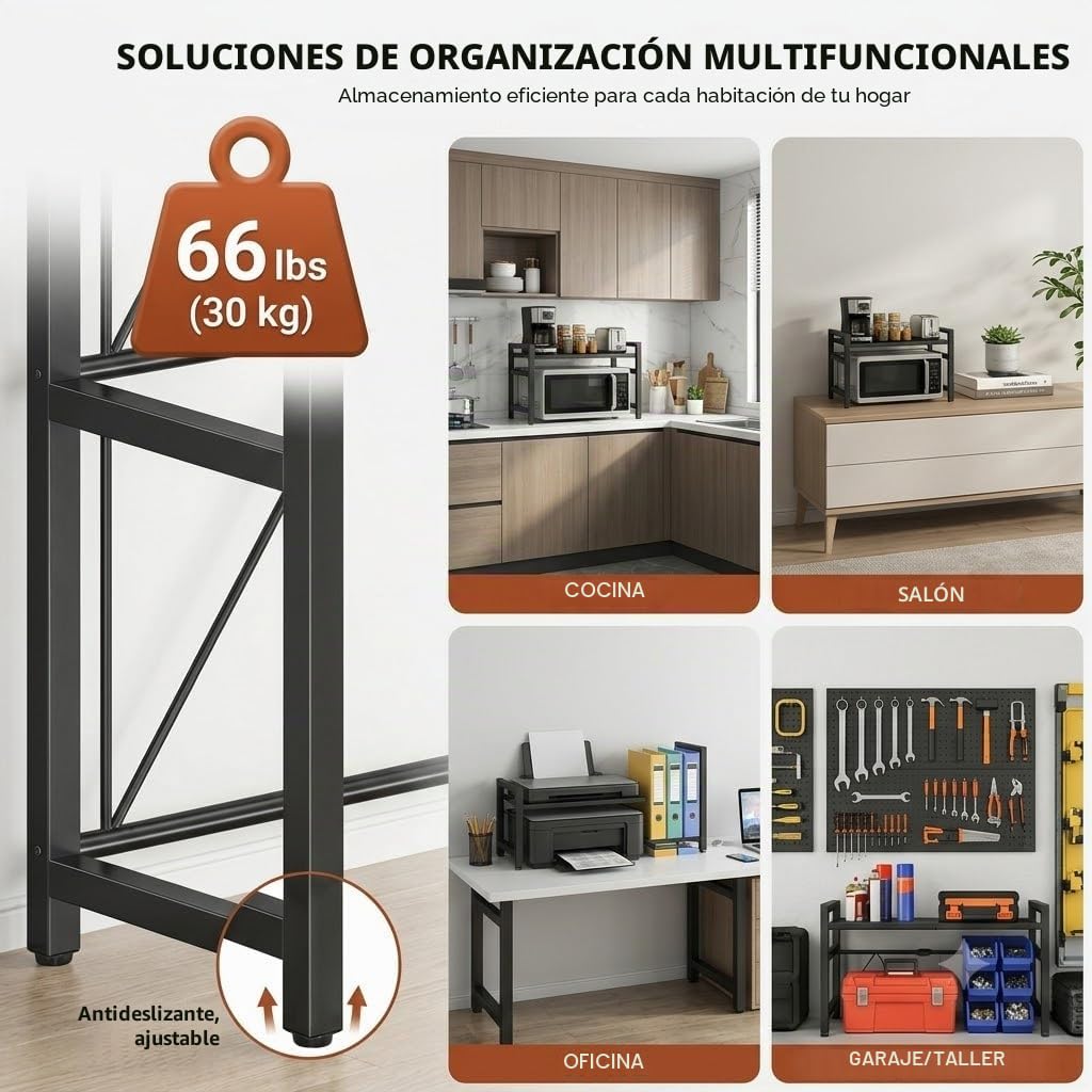 Estantería extensible para horno microondas, estante de cocina de hasta 30 kg, longitud ajustable (32-6 cm0), nivel de hasta 42 cm, organizador de encimera para cocina, salón, garaje y otros