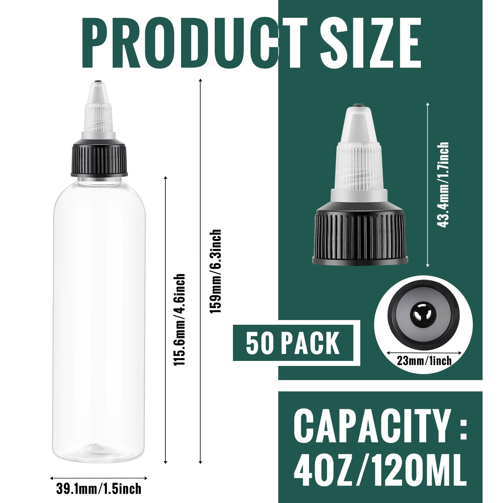 Irenare Boston Lot de 50 flacons souples en plastique de 118 ml avec bouchon à visser 20/410 pour huiles essentielles, applicateurs de cheveux, liquides, condiments
