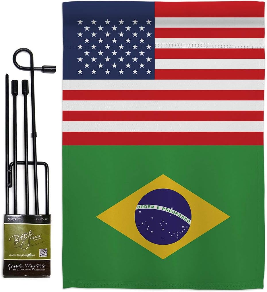 Brazil US Friendship Garden Flag - Set with Stand Regional Nationality Nation International World Country Particular Area - House Banner Small Yard Gift Double-Sided Made in USA 13 X 18.5