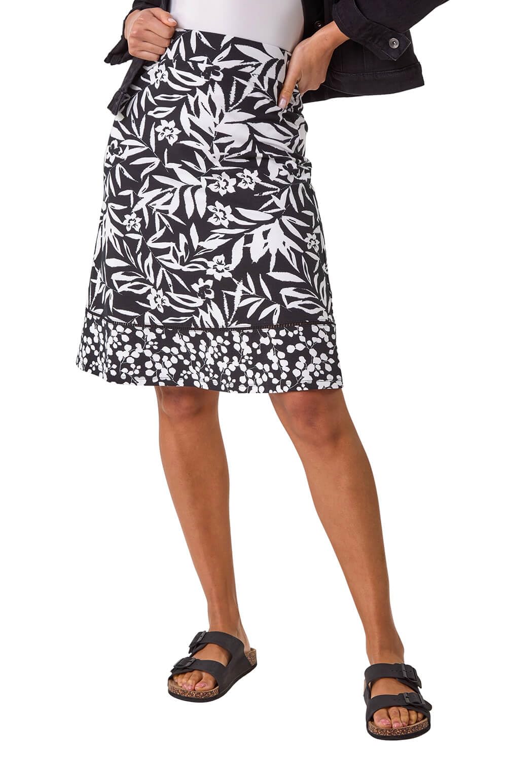 Roman Originals Women's Noir Palm Roman A-Line Skirt For Uk - Knee Length Skirts Stretchy Elasticated Waist Smart Casual Work Cotton Contrast Detail Shape Spring Summer Holiday - Size 20