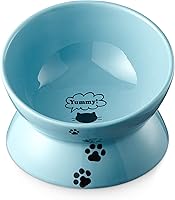 Vista 8 de Y YHY Tazón de cerámica para comida y agua de gatos inclinado de 15 onzas, azul lago