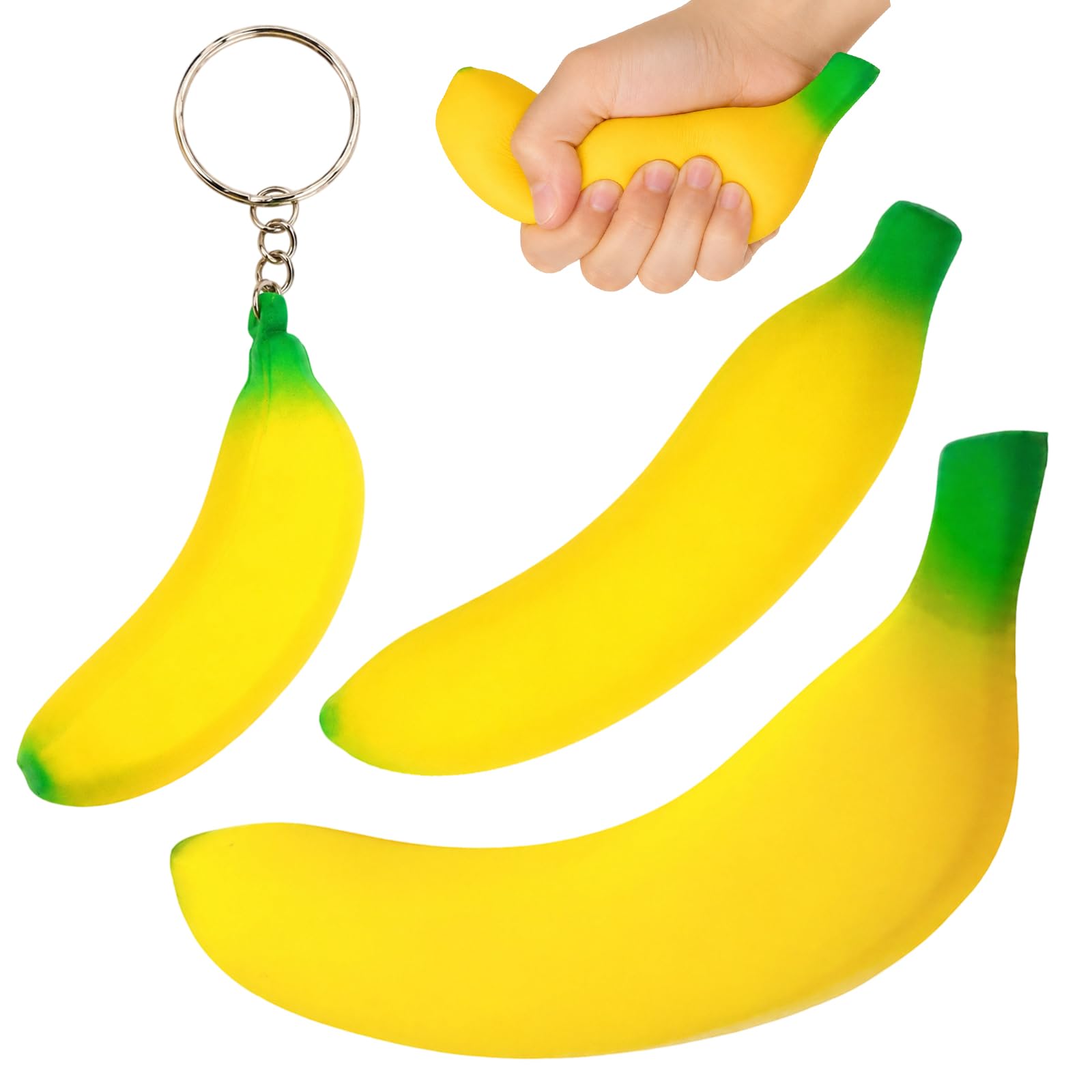 3PCS Banana Squeeze Set, Jumbo Banana and Keychain, Yellow Fruit Shape Squeeze Banana for Hand Use