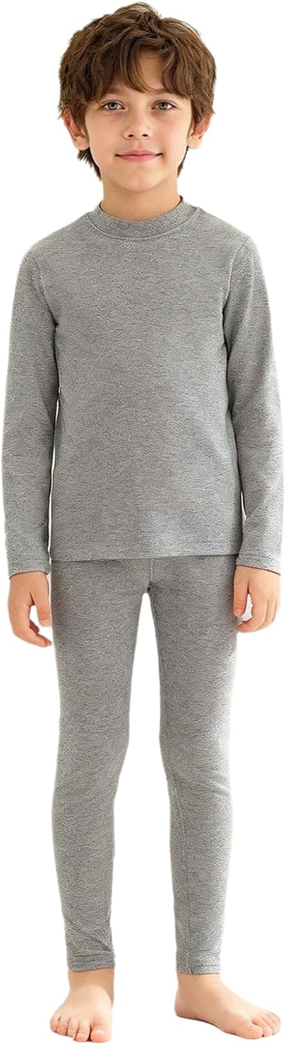 Hansber Kids Solid Color Thermal Set Fleece Lined Long Sleeve Top with Elastic Waist Casual Leggings Gray 13-14 Years