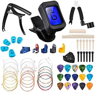 Olycism Guitar Accessories Kit 61 PCS Guitar Tools Set Including Guitar Picks Capo Tuner Guitar Strings 3 in 1 String Winder Bridge Pins 6 String Bone Bridge Saddle and Nut Finger Picks