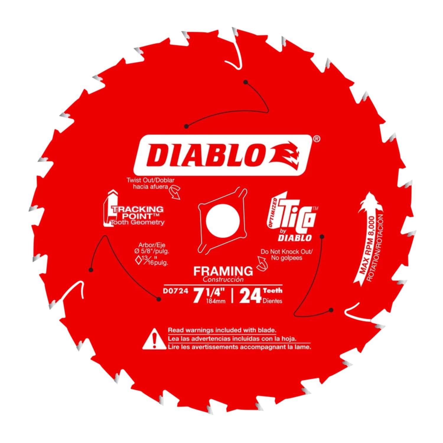 Diablo Freud D0724X 7-1/4-Inch 24 Tooth ATB Carbide Framing Saw Blade with 5/8-Inch and Diamond Knockout Arbor