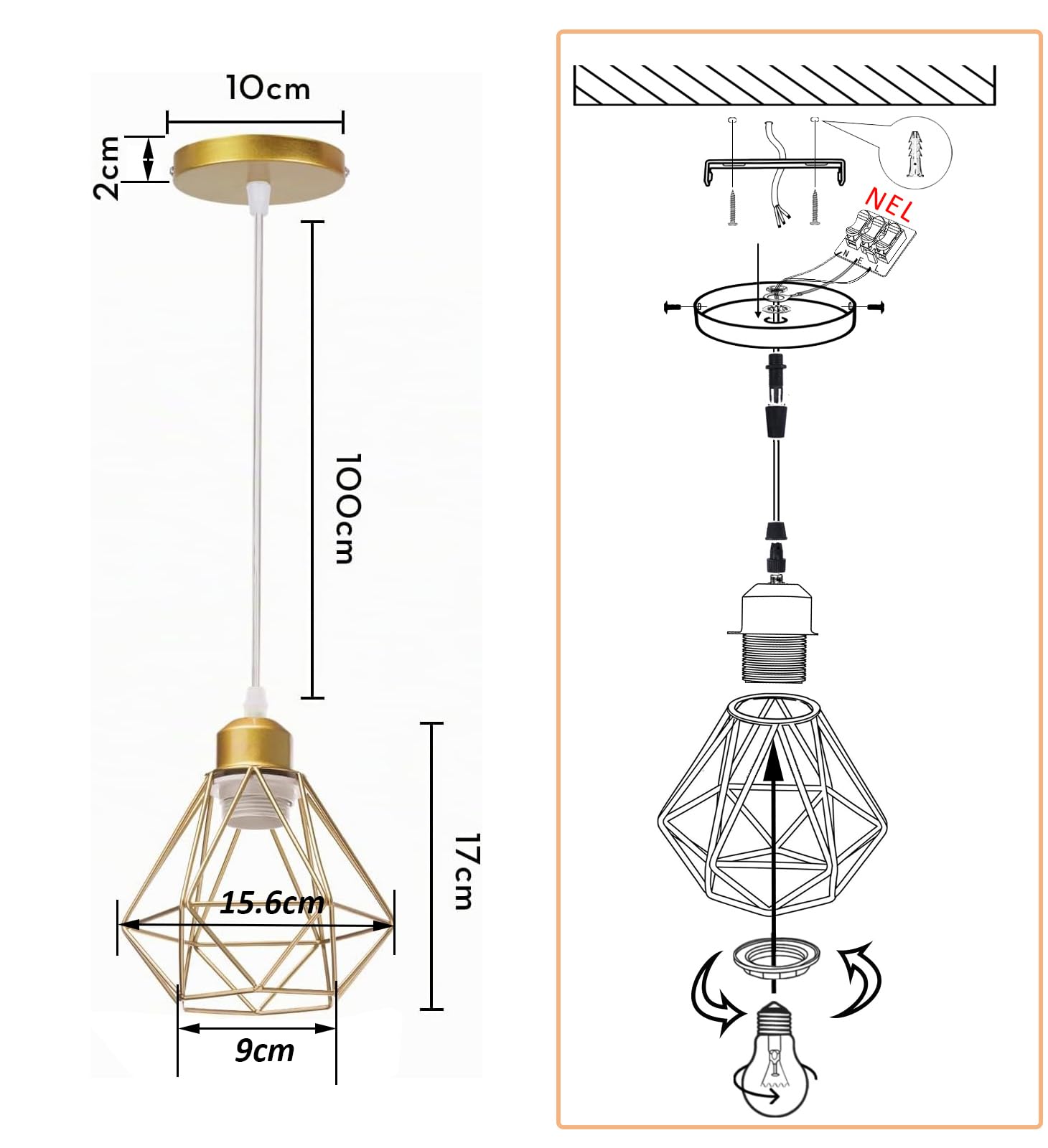 Lot de 2 Suspensions Luminaires Industrielles Lustres Métal Rétro forme Cage Ø160mm Plafonnier E27 Doré Lampe pour Salon Chmabre Cuisine (Lustre-2pcs)