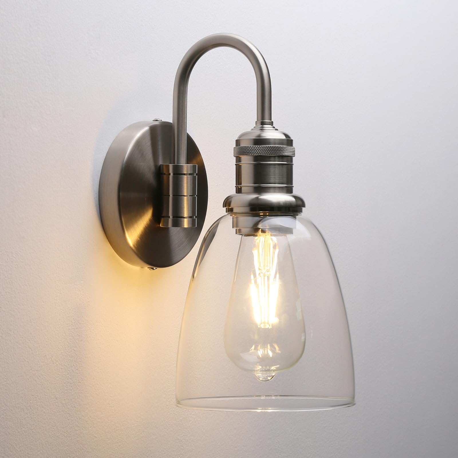 Yosoan Brushed Lighting Modern Vintage Industrial Bell Sconce Wall Light Fitting With 5.6” Clear Glass Lampshade, For Office Home Kitchen Living Room Bedroom Loft Bar (Brushed)