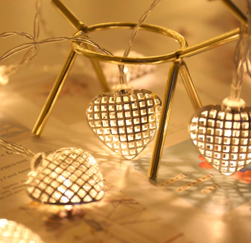 Hulx Warm White Geometric Metal Fairy String Lights, 3M 20Led Heart Shaped, Indoor & Outdoor, Battery Operated