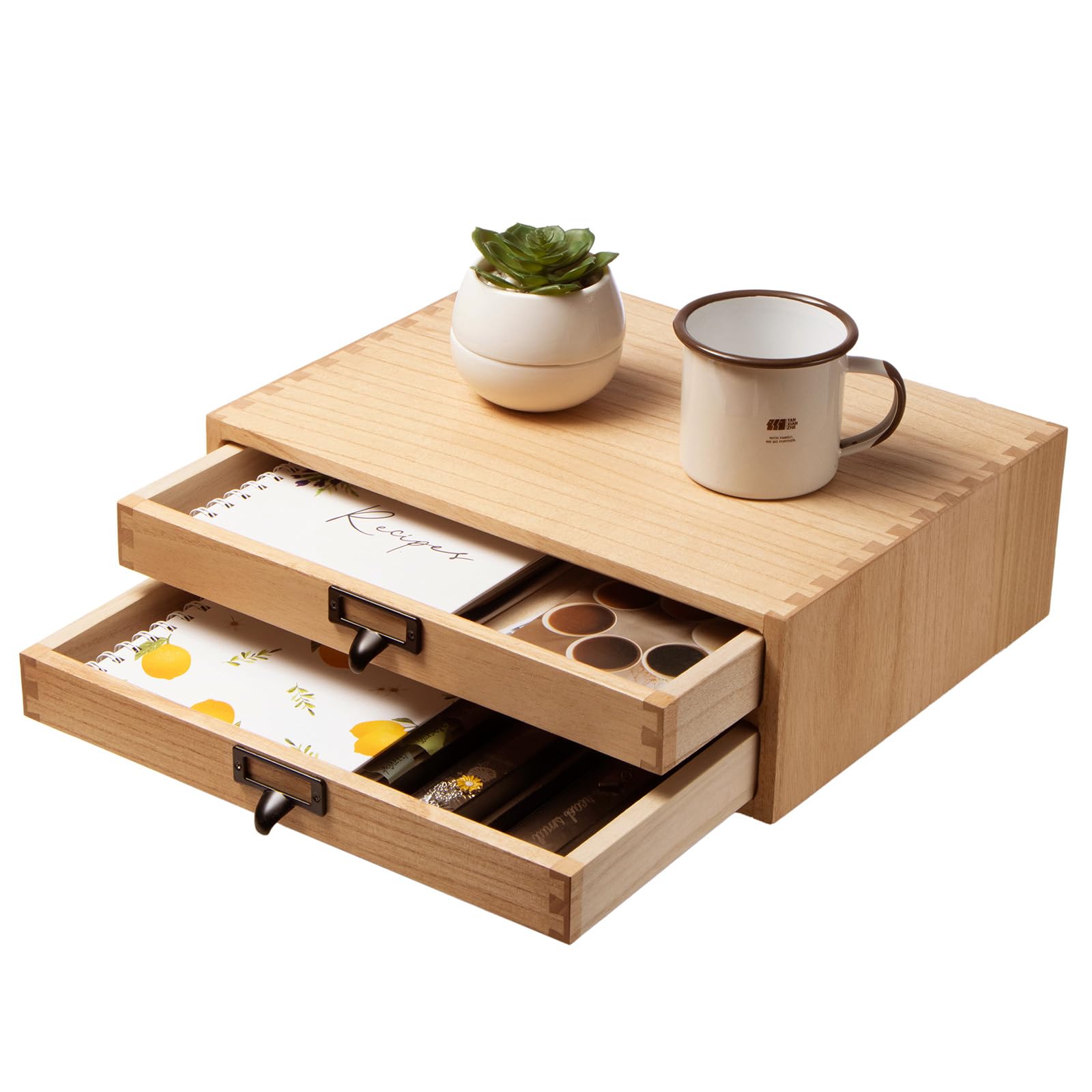 KIRIGEN Cajas de Madera para cajones Planos de Archivos, Cajas de Almacenamiento con Compartimentos, Montaje sin Herramientas 2 Niveles/2 cajones Color Natural