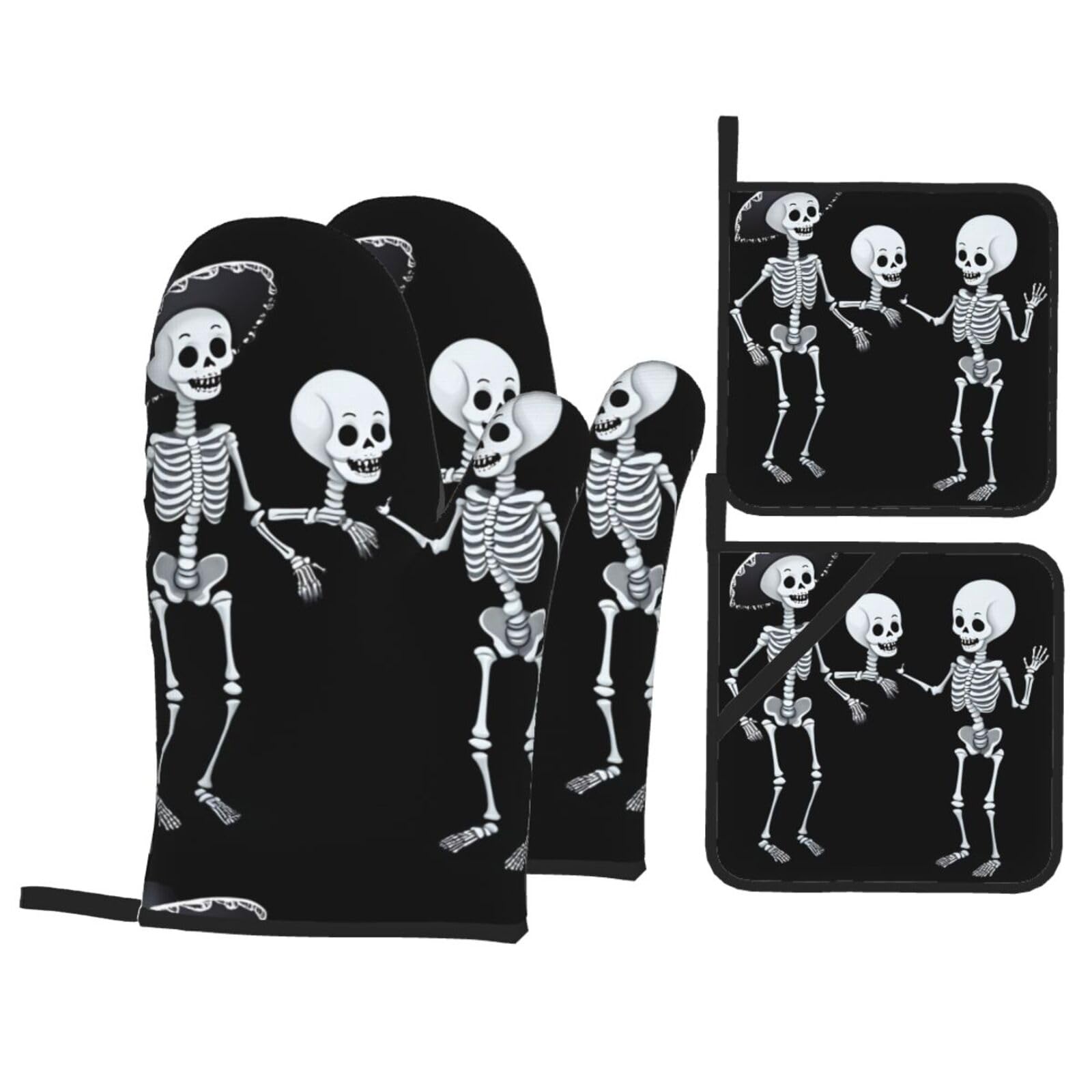 YYHWHJDE Invisible Skeleton Printed Kitchen Baking Set of 4 Thick Insulated Oven Mitt & Pot Holders, Anti-Scalding for Microwave, Oven, Outdoor BBQ