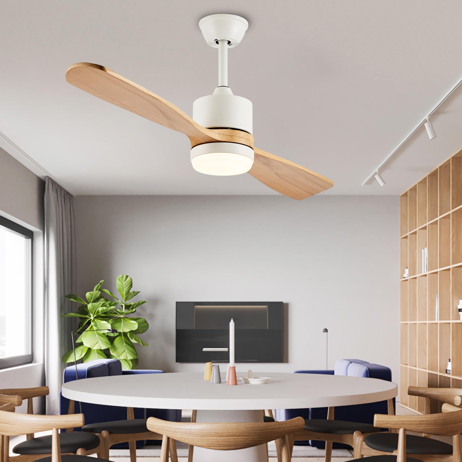 Lustre Ventilateur De Plafond LED Avec Telecommande Silencieux 6 Vitesses Réglable Suspension Luminaire Pour Chambre Salon Réversible 2 Bois Pales Plafonnier Ventilateur Design-A||106CM