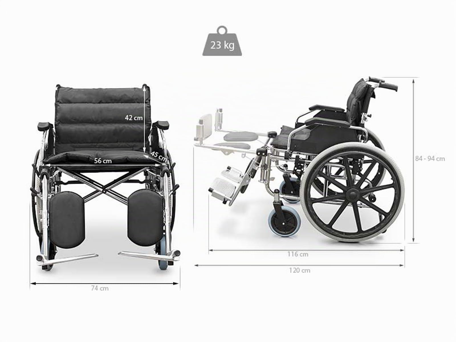 QUIRUMED Rollstuhl Sonderbreite 56 cm, Stahl, Faltbar, Zusätzliche Polsterung, Abnehmbare Armlehnen, 90°-Fußstützen, Belastbar bis 125 kg