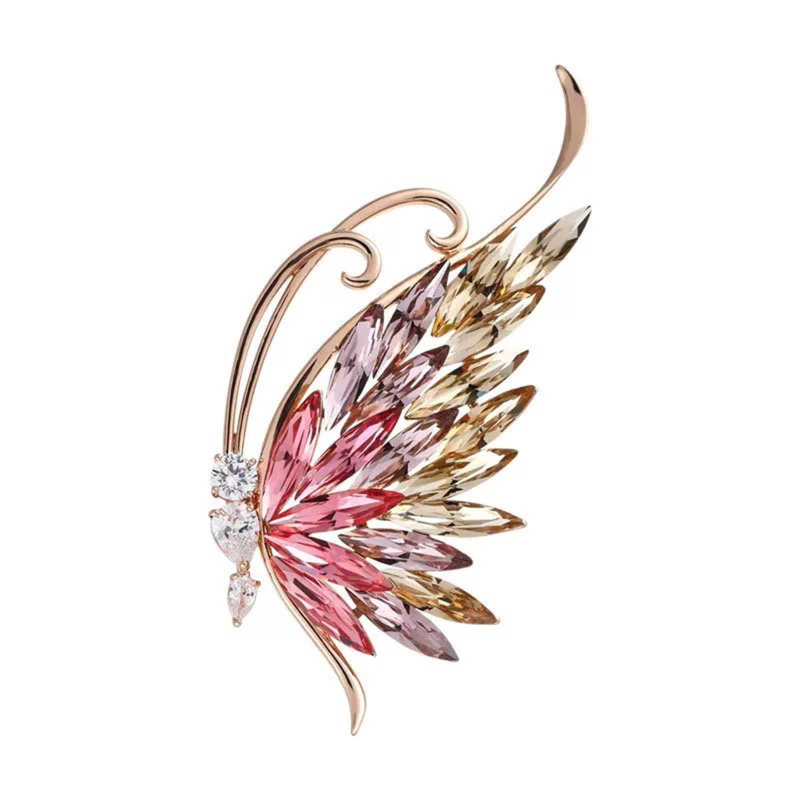 Brooch Pin for Women, Elegant Butterfly Design Saree Pin for Pleats, Gold Pink Crystal Semi-Butterfly Brooch, Versatile for Shirts, Dresses and Hijab