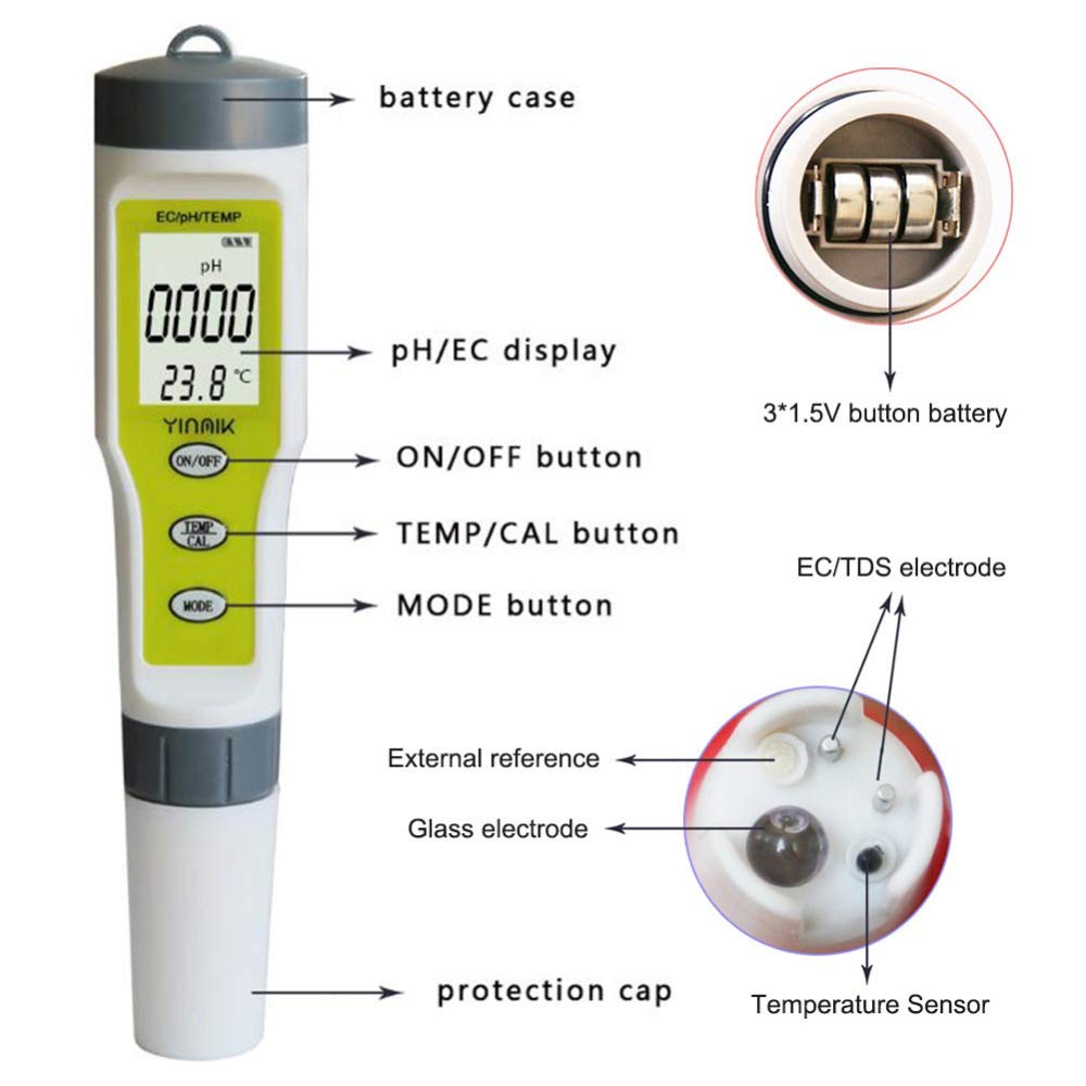 CLEIDE Portatile PH/EC/Temp 3 in 1 Prova Penna palmare PH PH Meter qualità dell'Acqua del Tester for Pool Home qualità dell'Acqua Facile da Usare per Professionisti e Principianti