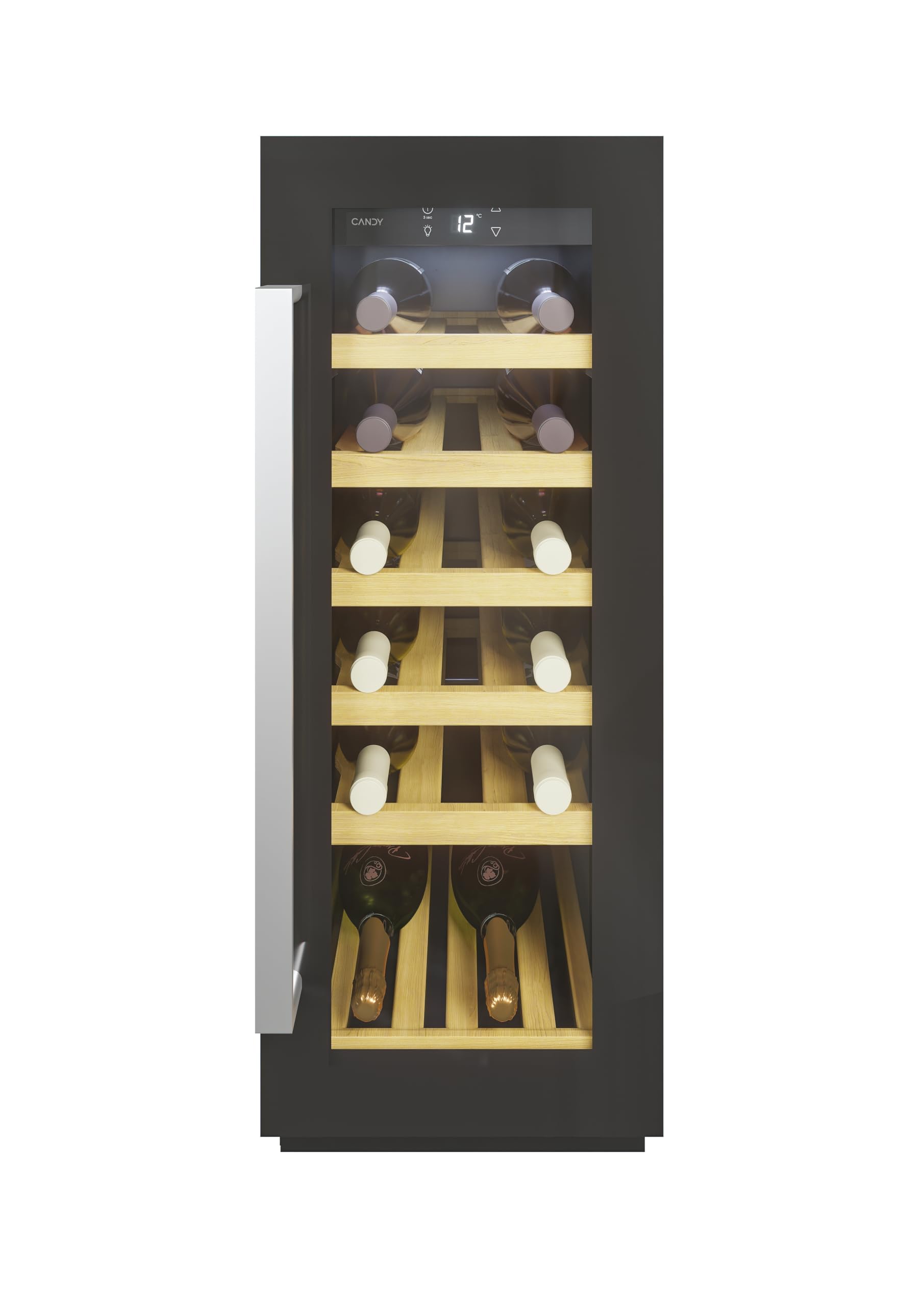 Candy DiVino CCVB 30/1, Vinoteca Integrable, 58L, 20 Botellas, Puerta Reversible, 6 Baldas, Tratamiento Anti-UV, Compresor Antivibraciones, LED, Temperatura de 5º a 18º, 39DB, Clase F, Negro