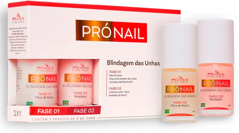 Blindagem das Unhas Miss Colors Pró Nail – Fase 01 (Fibra de Nylon) + Fase 02 (Nivelador) – Fortalecimento e Proteção – 2x 9ml