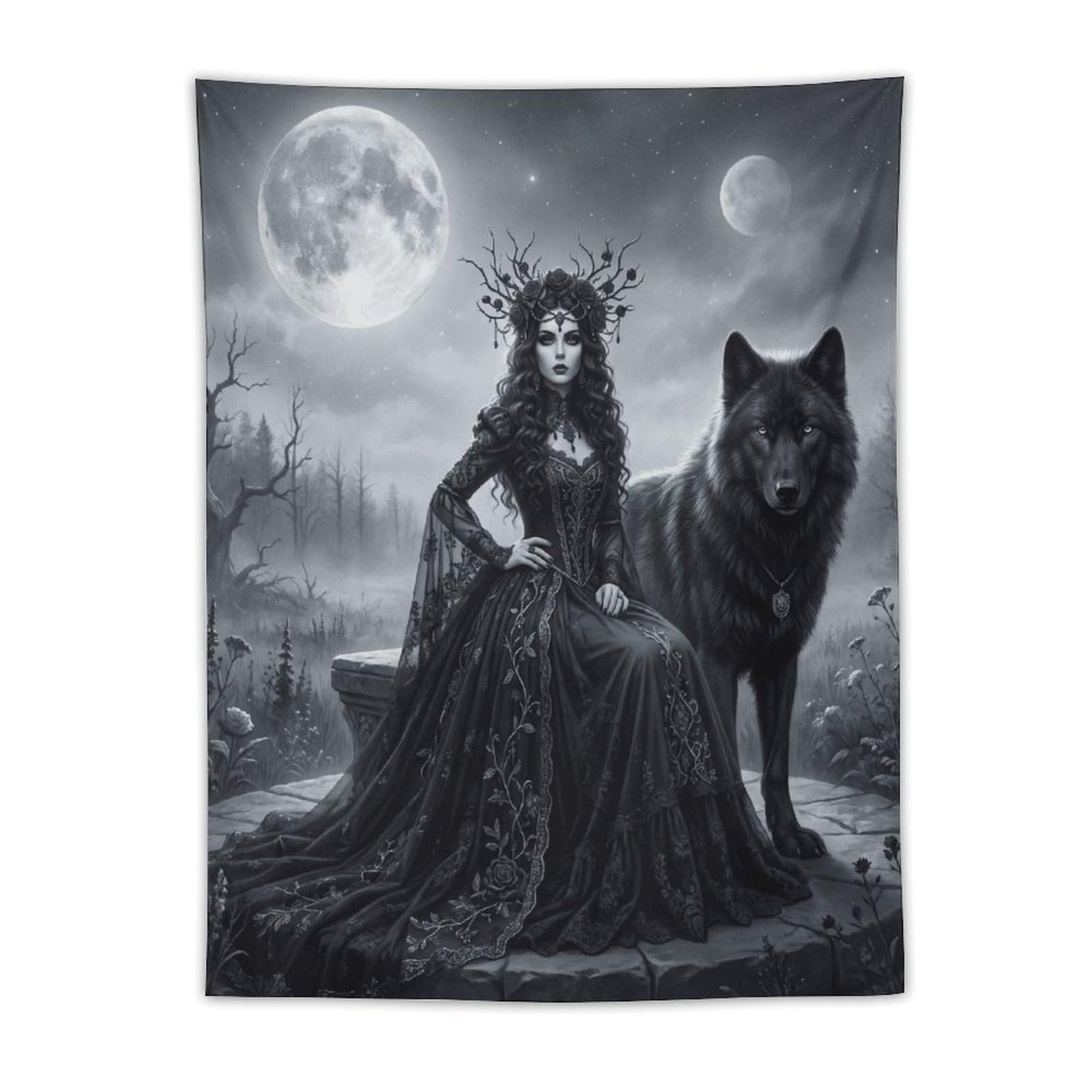 W7C8U2X3 Snowy Wolf Queen Wall Tapestry, Realistic Illustration, Dorm Room