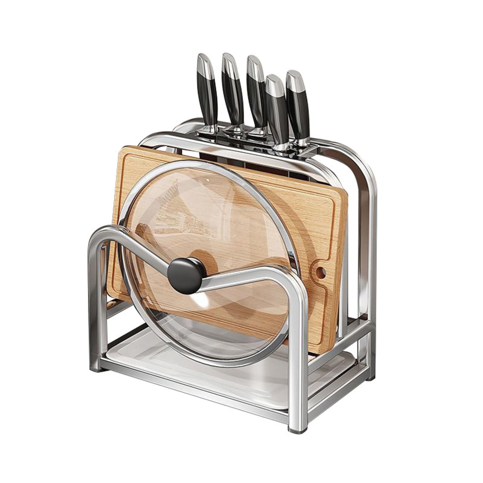 Uck-Kit Silver Multifunctional Cutting Board Organizer, Stainless Steel Knife Drying Rack Kitchen Countertop Pot Lids Organizer, Knife Block Holder With Drain Tray Bakeware Cookware Chopping Board Storag,