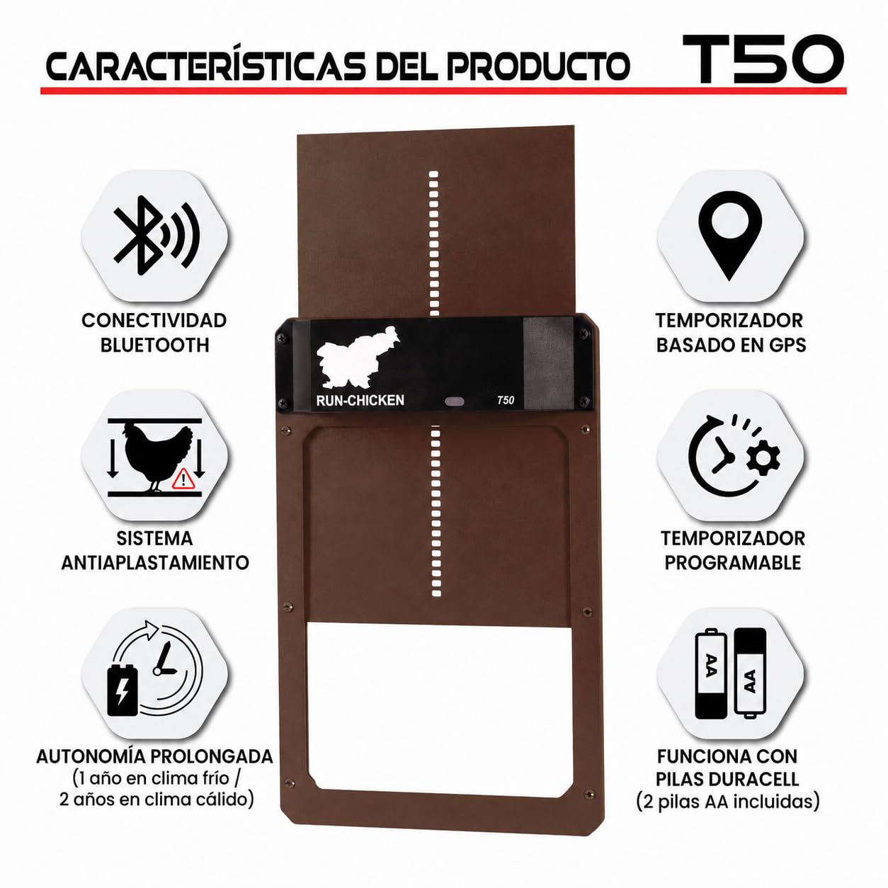 Run‑Chicken Door T50 Brown – Puerta automática marrón para gallineros, Funciona con Pilas AA, Control por App, Sensor de luz, Temporizador con retardo y Aluminio Resistente para Exteriores