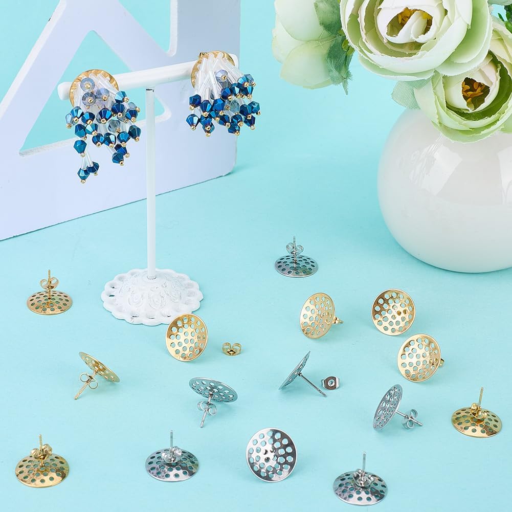 SUNNYCLUE 1 Box 20Pcs Earring Stud Finding 304 Stainless Steel Earring Posts Bulk Gold Silver Metal Flat Round Earrings Studs with Sieve Base Ear Nuts Backs for Jewelry Making DIY Crafts Supplies - Image 4