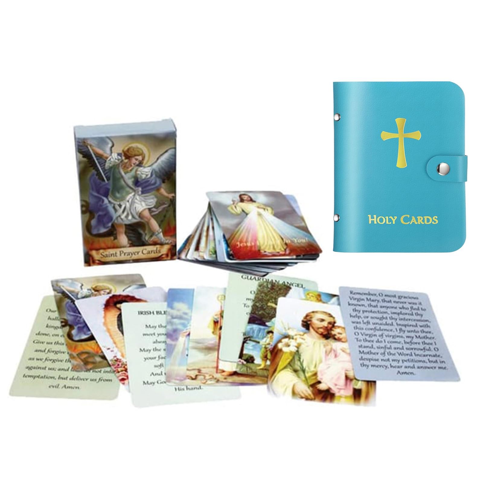 Sky Blue Holy Prayer Card Holder - 54 Holy Prayer Cards, Pu Leather Holy Cards Binder With Cross Embroidery, Catholic Christian Prayer Card Organizer, Portable Holy Cards Album For Devotional Cards (Sky Blue)