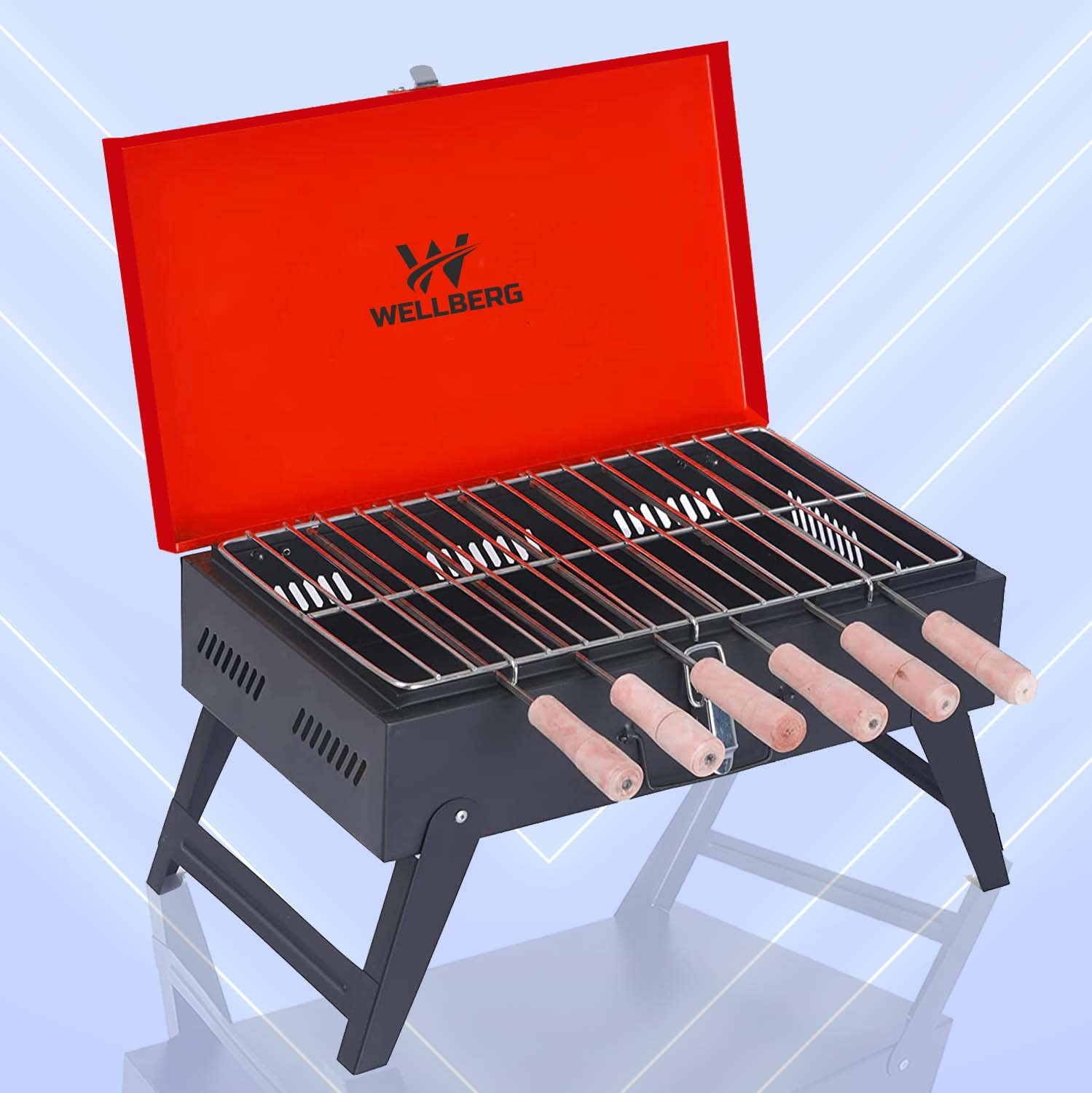 WELLBERG (Luxury) Foldable Briefcase Charcoal Barbeque Grill With 8 Skewers, Grill And With 2