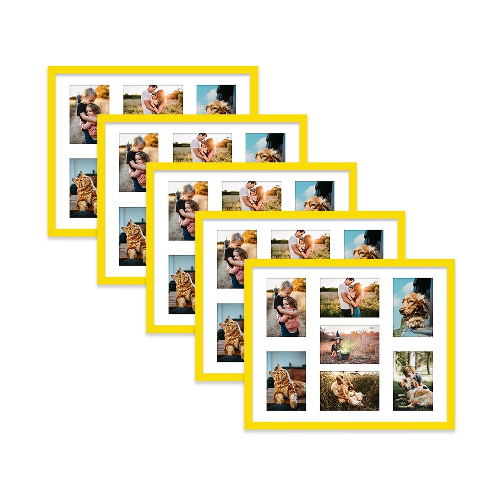 Yellow Multi Photo Frame - Holds 7 x 6x4 Pictures, Family Collage Picture Frame for Wall Display, 20x16 Frame size, Set of 5