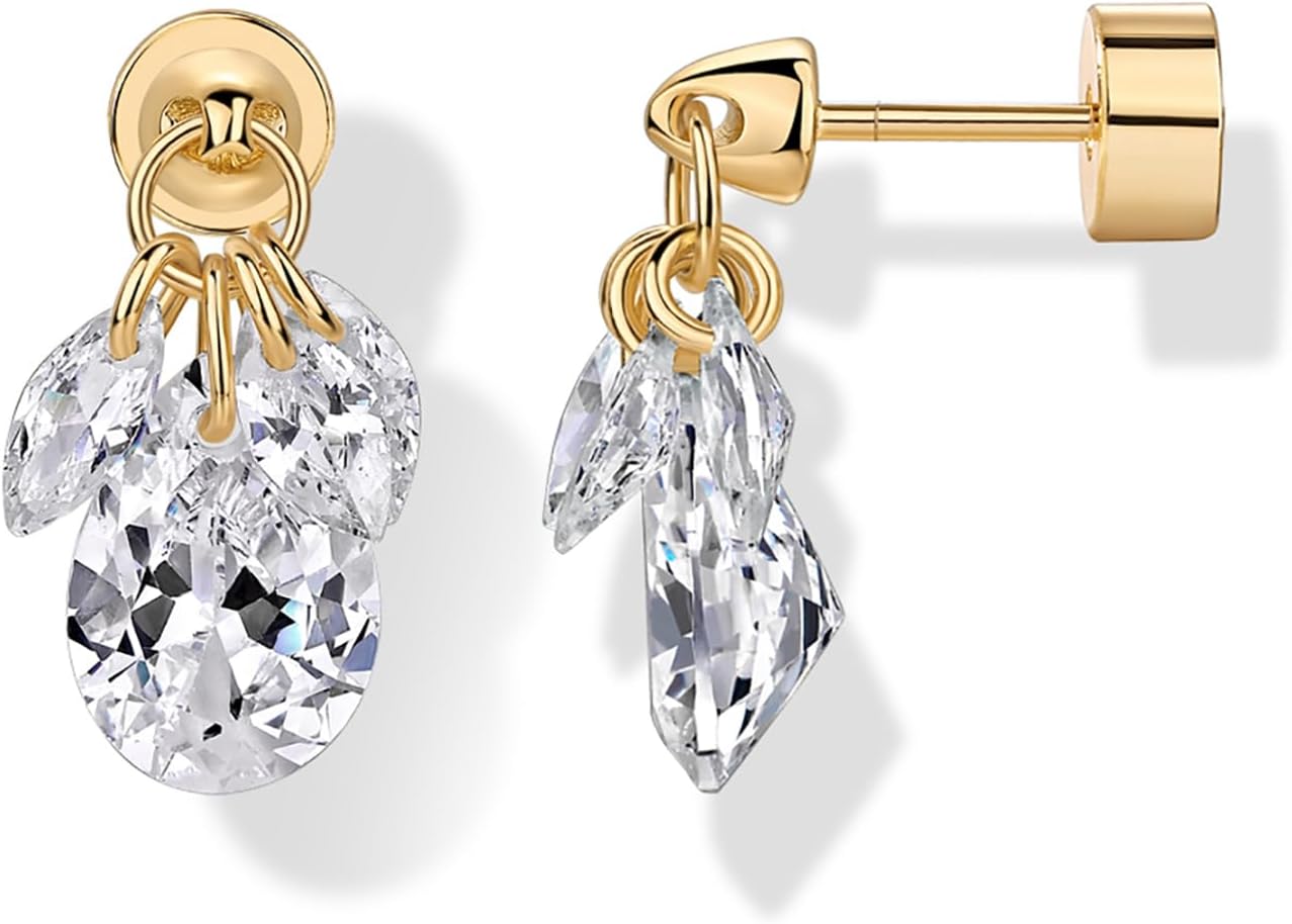 PAVOI 14K Gold Plated Dangle Flat Back Earrings for Women | Helix and Cartilage Pearl Cluster Triangle Lotus Pear Marquise Cubic Zirconia Screw Back Earring Pair