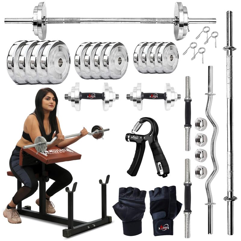 Preacher Curl Adjustable Home Gym Bench Set, 70KG Steel Plates, 5FT Straight Barbell, 3FT EZ Curl Rod, Dumbbell Rods, Hand Gripper & Gloves for Strength Training-picture-17