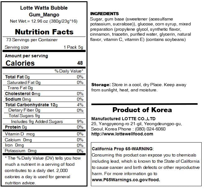 Chicle Lotte Big Bubble Watta Sabor Mango, Paquete de 16 Unidades, 0.81 oz c/u miniatura 2