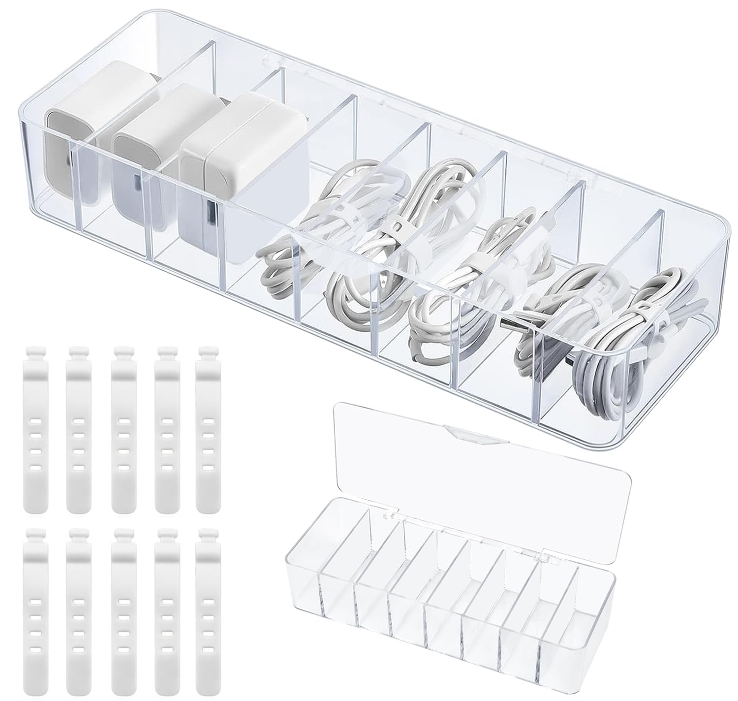 Organizzatore Cavi Con Fascette | Scatola Portacavi 2 Pezzi Con 7 Scomparti | 28.5x8.5x5.8cm - Foto 3