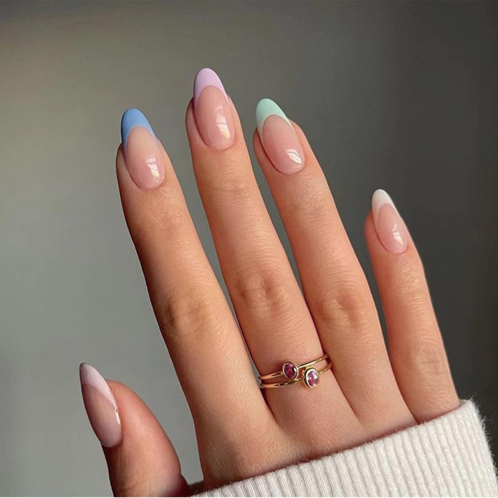 24 Pcs Rainbow Almond Short False Nails - Colourful French Tip Press-On Nails Oval Stick Set for Women's Nail Art