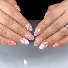 Cute Easter Press on Nails Bunny Easter Egg Fake Nails Round Head Almond Stick on Nails Spring Summer Acrylic Nails Full Cover Glossy False Nails Rabbit Design Artificial Nails for Women 24Pcs