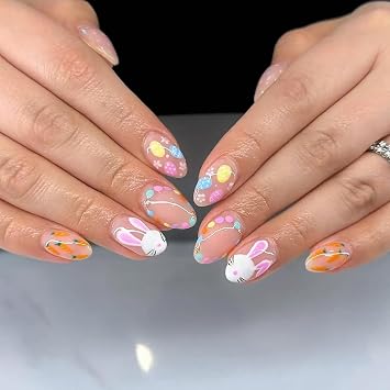 Cute Easter Press on Nails Bunny Easter Egg Fake Nails Round Head Almond Stick on Nails Spring Summer Acrylic Nails Full Cover Glossy False Nails Rabbit Design Artificial Nails for Women 24Pcs