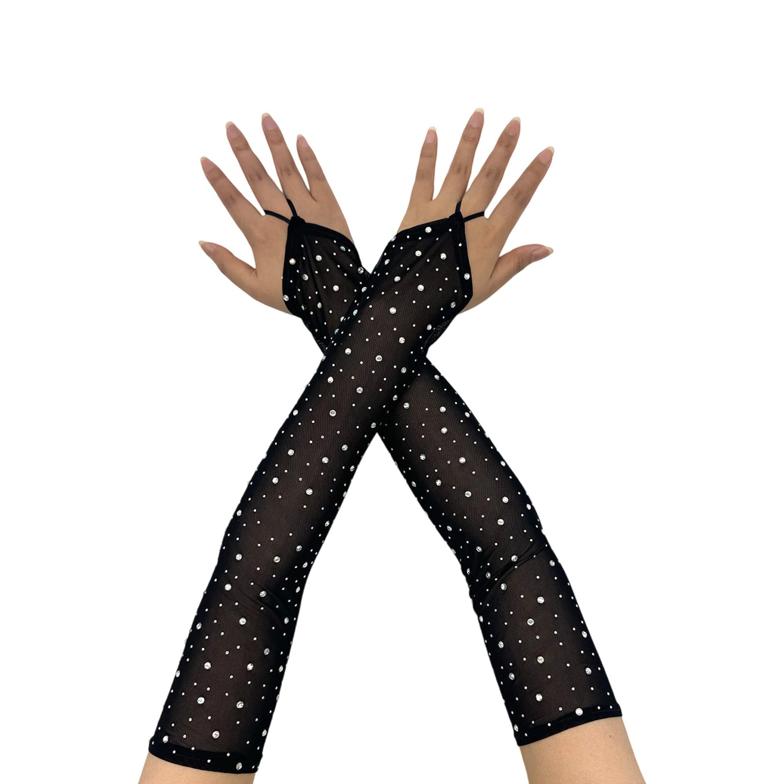alloneslife Arm Sleeves with Sparkling Rhinestones Comfortable Stretchy Long Gloves for Stage Evening Event Glittering Party Gloves