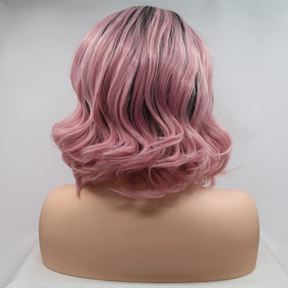 Xiweiya Ombre Light Orange Pink Puffy Curly Short Bob Wig with Black Roots Peach Pink Synthetic Lace Front Wigs Afro Curly Hair Middle Part Heat Resistant Fiber for Women Girl Drag Queen 16 inch - Image 5