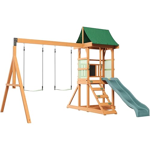Wood Swing Sets for Backyard - Playground Sets for Backyards, Outdoor Playset with Wave Slide, Play Deck, Rock Wall Ladder, Belt Swings, Chalkboard, Canopy Roof