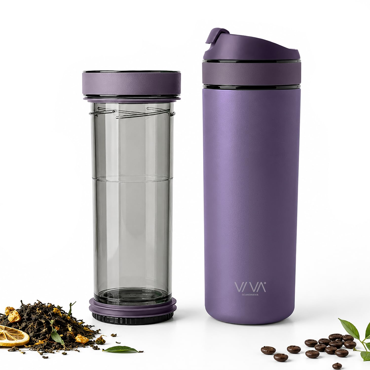 VIVA Recharge Thermobecher to go, Edelstahl, Tee-Sieb, 0,46 l, Violett | Doppelwandig isolierter Edelstahl-Thermobecher, auslaufsicher, mit Sieb. Lange heiss oder kalt.