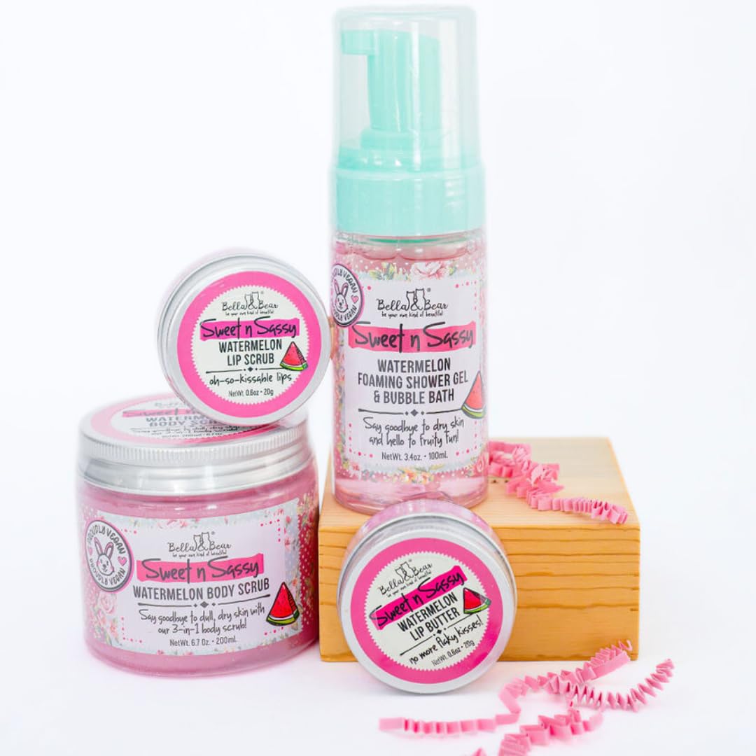 Bella & Bear Sweet 'n; Sassy MIdi Bath & Body Gift Set with Foaming Shower Gel & Bubble Bath, Body Scrub & Lip Scrub and Lip Butter. Great Gifts for