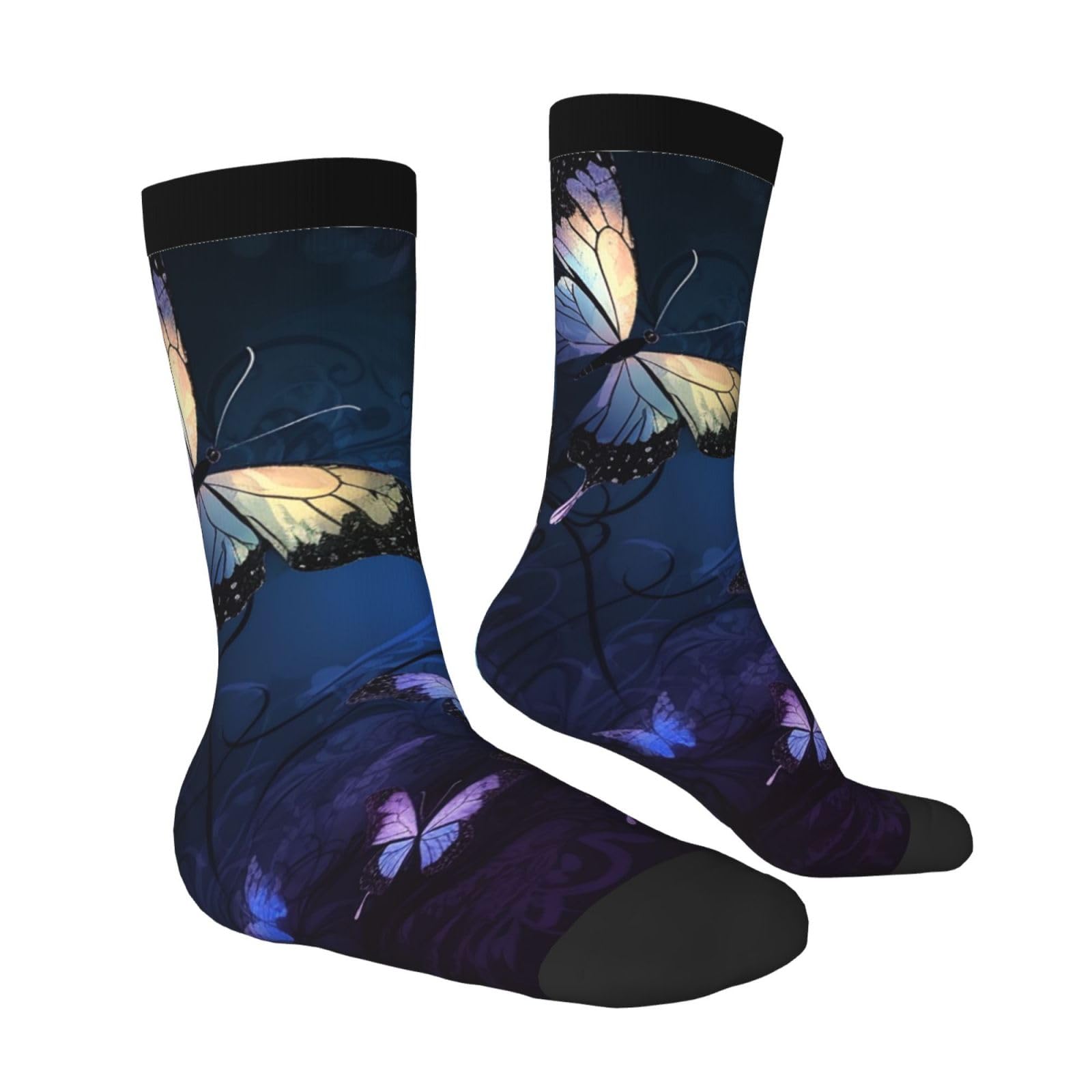 LZQPOEAS Background with Night Butterflies Athletic Socks Unisex Cushioned Crew Socks Hiking Running Calf Sock Soft Above Ankle Sock