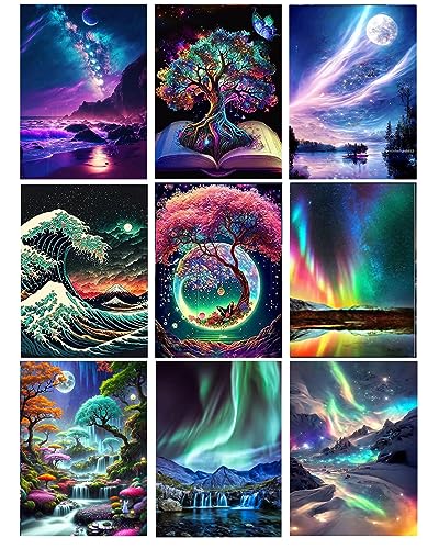 9 Pack Landscape Diamond Painting Kits for Adults，5D DIY Aurora with Tree Diamond Art Kits for Beginners Round Full Drill Painting with Diamonds Gem Art and Crafts for Home Wall Decor Gift12X16Inch