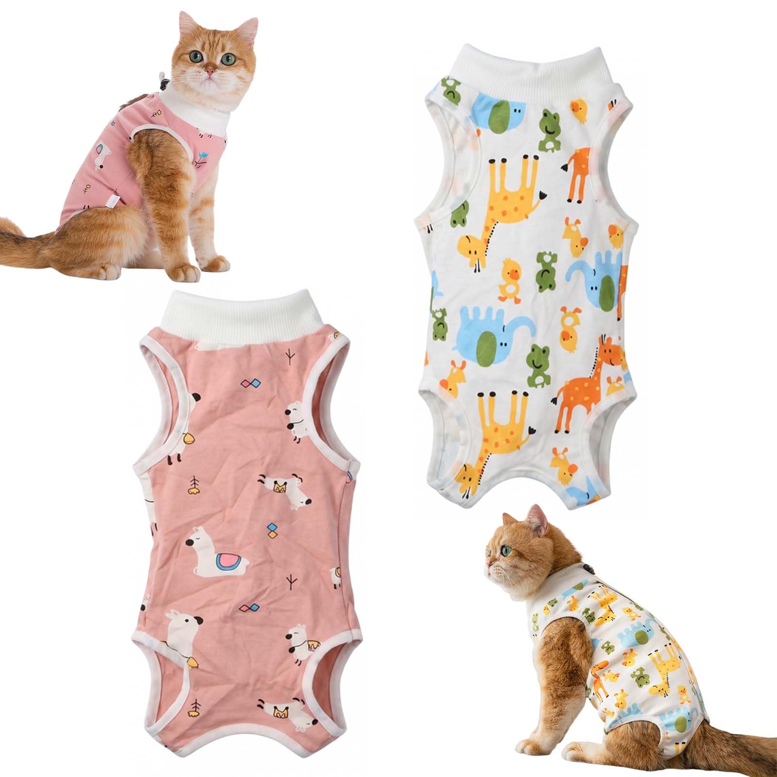 Merzio 2 PCS Cat Recovery Suit, Breathable Cat Surgery Recovery for Abdominal Wounds, Anti-Licking Cone Collar Alternative, Cotton Cat Onesie Post Surgery for Spay Neuter Skin Diseases (L)