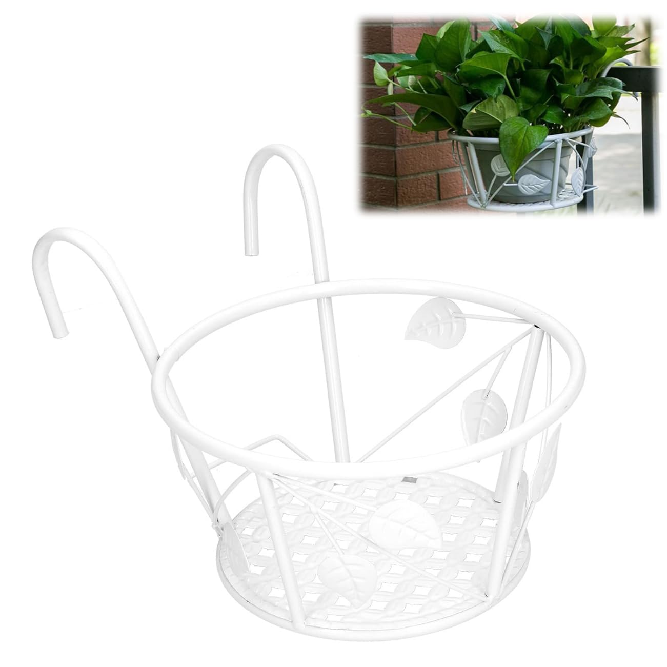Tissting Soporte Maceta Colgante de Barandilla, Soporte Flores Redondo Gancho Estante Hierro Plantas Colgantes Cestas Colgantes para Macetas Estante para Macetas para Interiores y Exteriores(Blanco)
