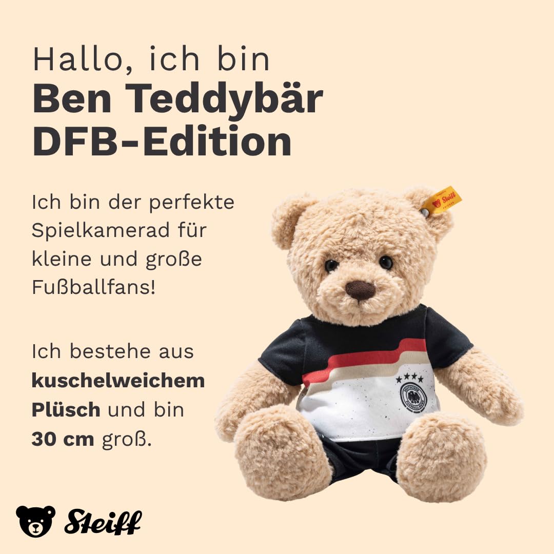 Steiff Kuscheltier Ben Teddybär DFB-Edition, Süßes Fußball Stofftier im Deutschland-Trikot, Kinder, Jungen & Mädchen, Friends, 30 cm, Beige, 988851